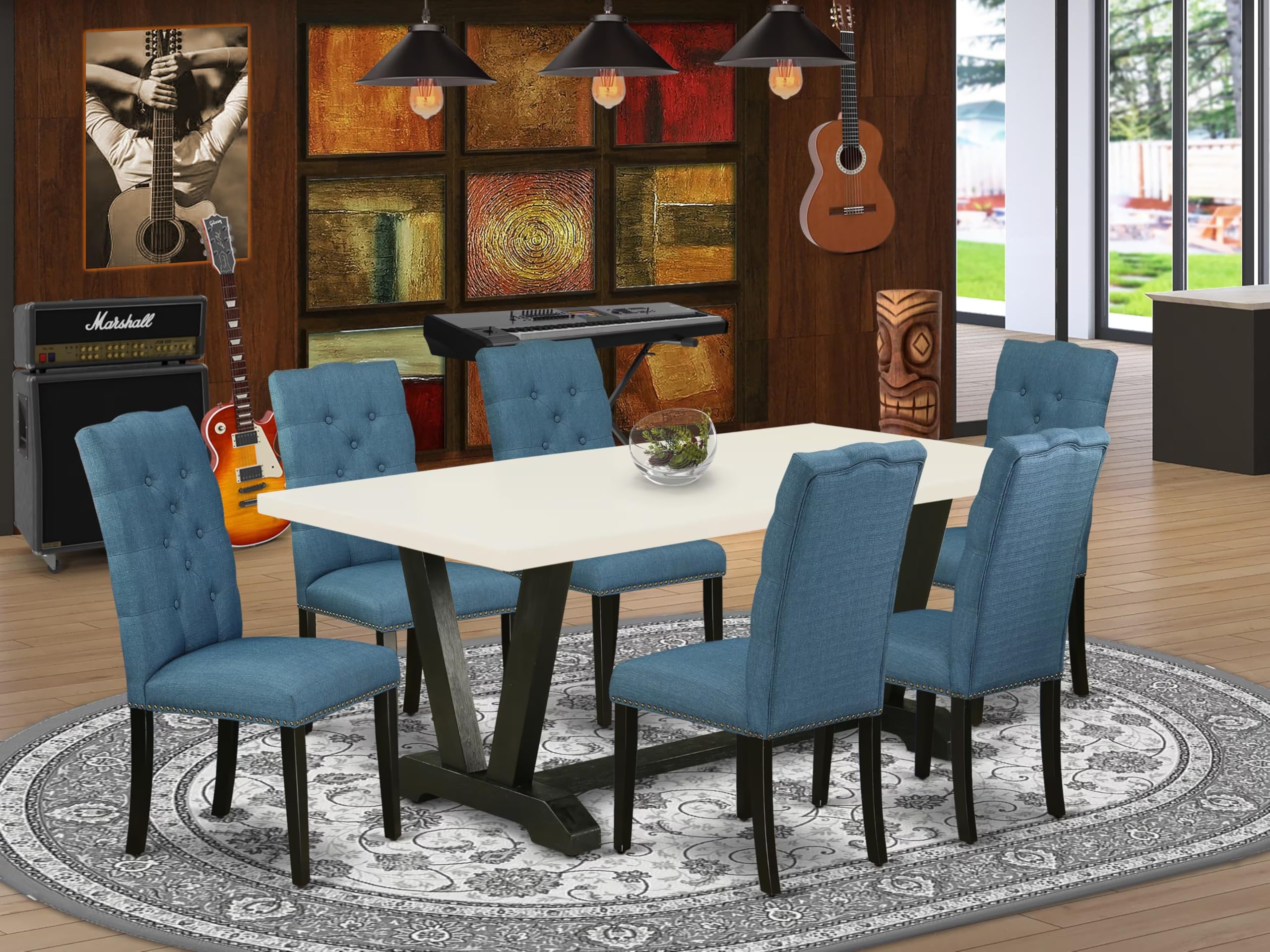 East West Furniture V627El121-7 7 Piece Modern Dining Table Set Consist Of A Rectangle Wooden Table With V-Legs And 6 Blue Linen Fabric Upholstered Chairs, 40X72 Inch, Multi-Color